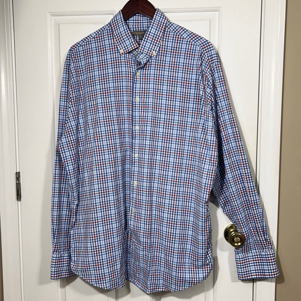 Peter Millar Summer Comfort Shirt XL Blue Red Plaid Performance Button Down